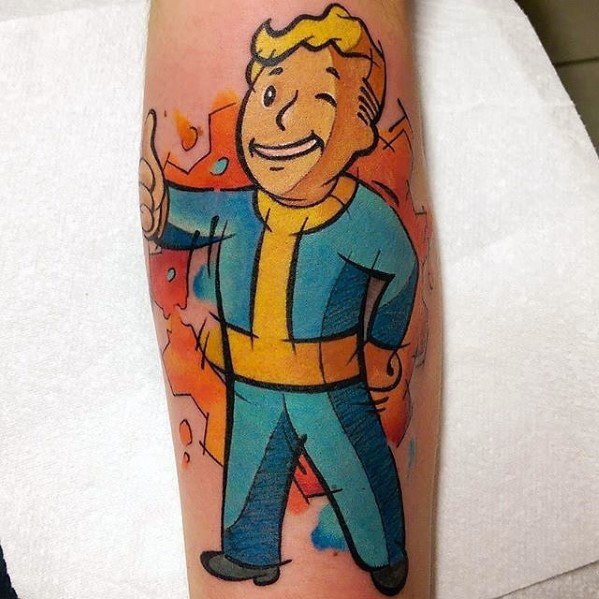 Vault Boy tattoo with bold black outlines and a vibrant orange and blue watercolor splash background, flashing a classic thumbs-up.