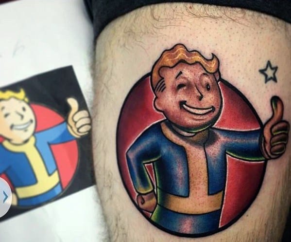 Vault Boy tattoo with bold shading and a glowing red circle background, giving a thumbs-up next to a small outlined star.