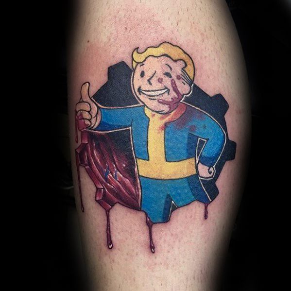 Vault Boy tattoo with a dark twist, revealing exposed muscles and dripping blood, framed by a black gear shape and still smiling.