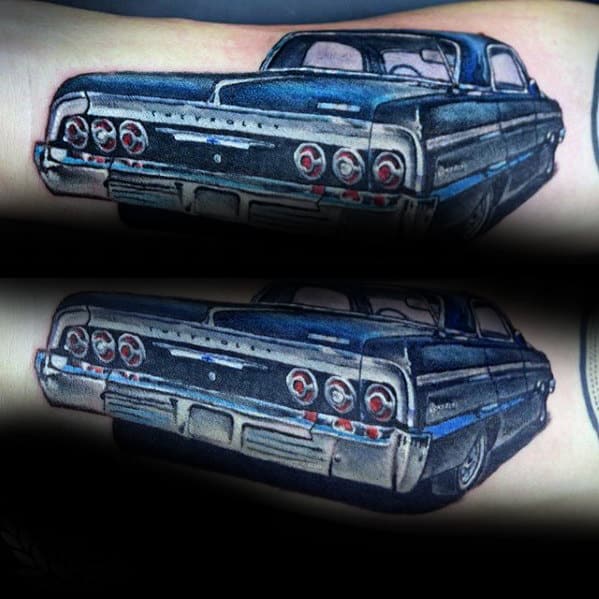 Mens Vintage Blue Chevy Car Inner Forearm Tattoo Designs