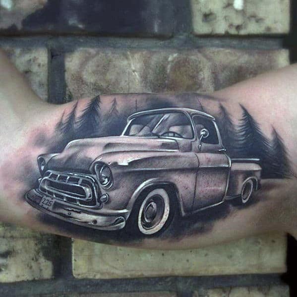 Mens Vintage Chevy Truck Inner Arm Bicep Tattoos With 3d Design