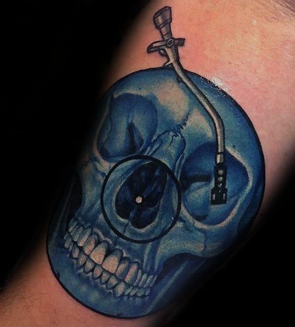 Mens Vinyl Record Blue Skull Arm Tattoo Design Inspiration