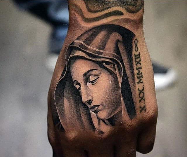 Mens Virgin Mary Hand Tattoo With Roman Numerals