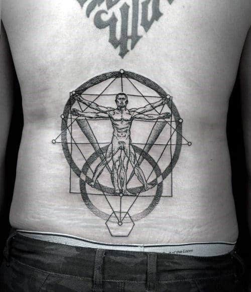 Mens Vitruvian Man Geometrical Lower Back Tattoos