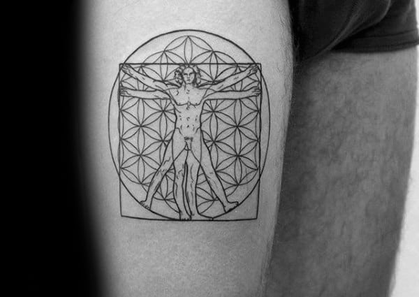 Mens Vitruvian Man Thigh Tattoo With Flower Of Life Pattern Design