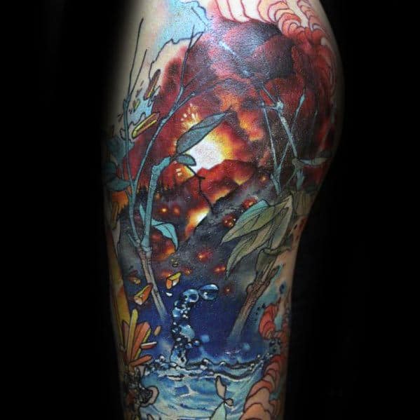 Mens Volcano Tattoo Design Inspiration Half Sleeve