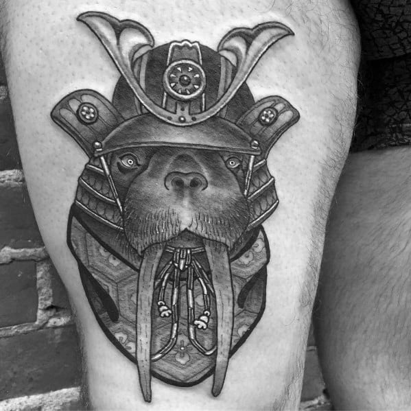 Mens Walrus Samuari Themed Thigh Tattoo Ideas