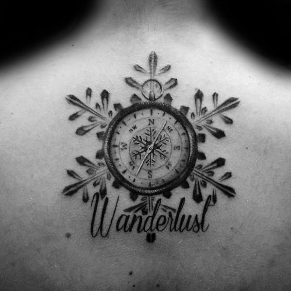 Mens Wanderlust Snowflake Compass Upper Back Tattoo