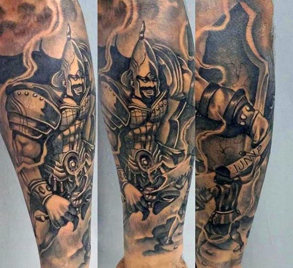Mens Warrior David And Goliath Forearm Sleeve Tattoos