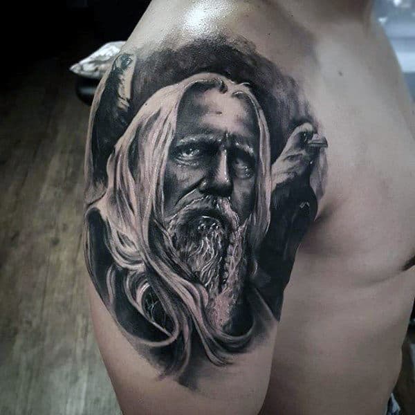 Mens Watercolor Background Peaceful Odin Upper Arm Tattoo