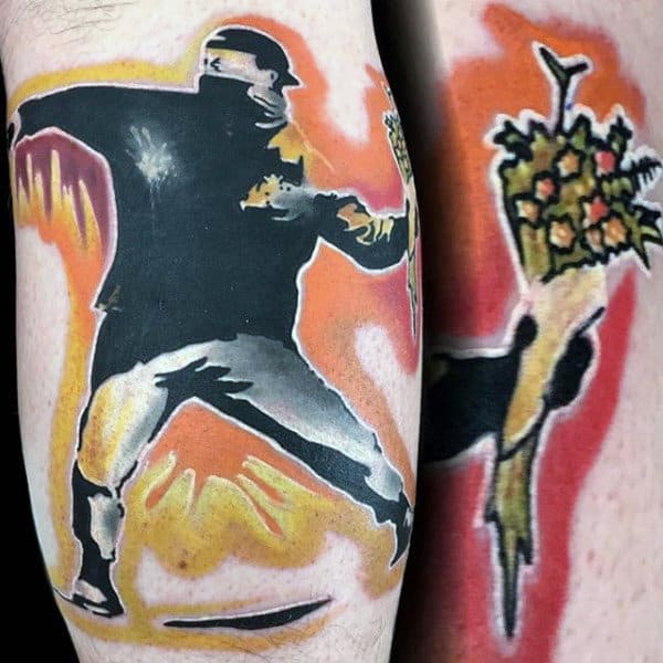 Mens Watercolor Banksy Man Throwing Flowers Colorful Tattoo Ideas On Arm