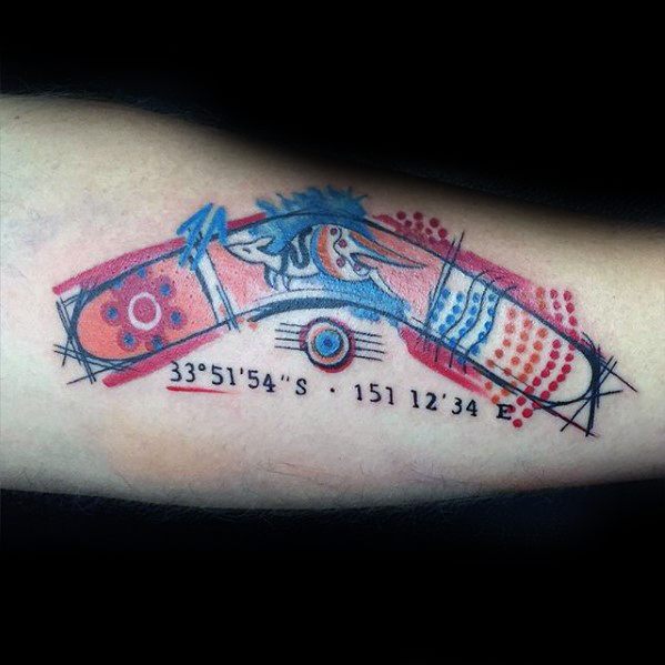 Mens Watercolor Boomerang Arm Tattoo Ideas With Kangaroo Design