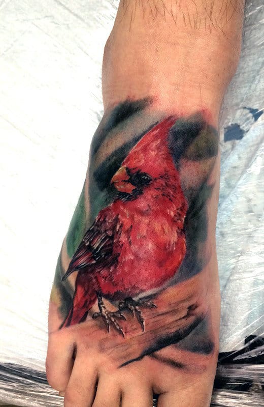 Mens Watercolor Cardinal Foot Tattoos