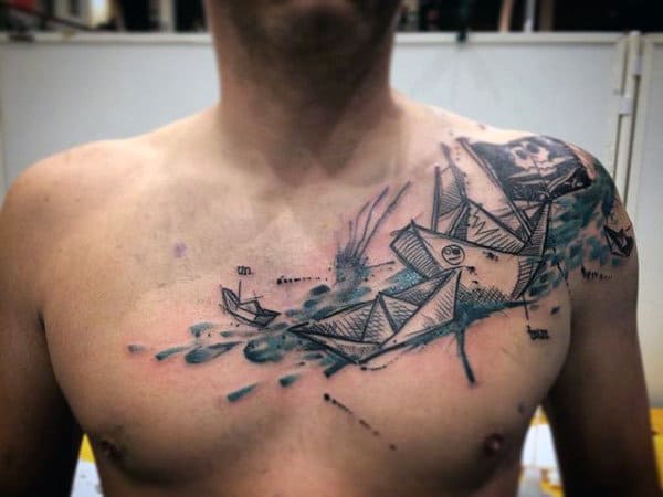 Mens Watercolor Chest Tattoo Of Whale With Boat Origami Ocean Tattoo