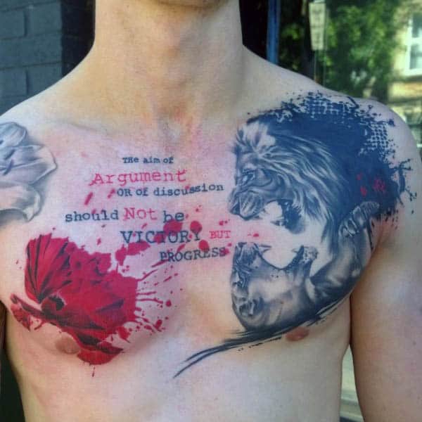 Mens Watercolor Chest Tattoo Poppy Flower With Lion And Quote Design