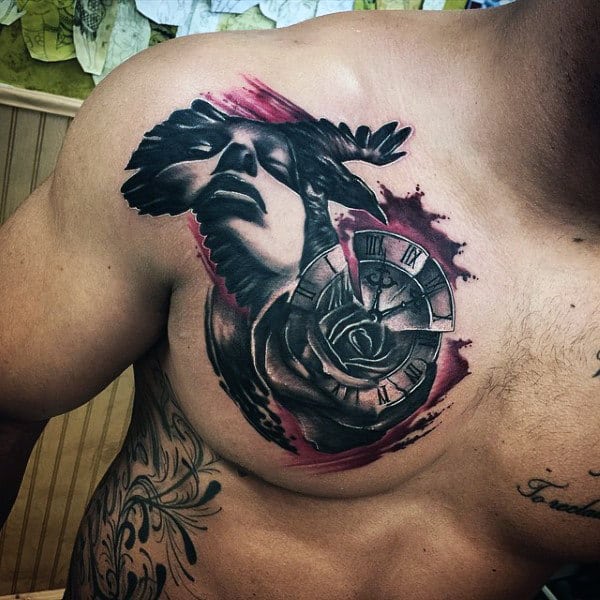 Mens Watercolor Clock Upper Chest Crow Tattoo