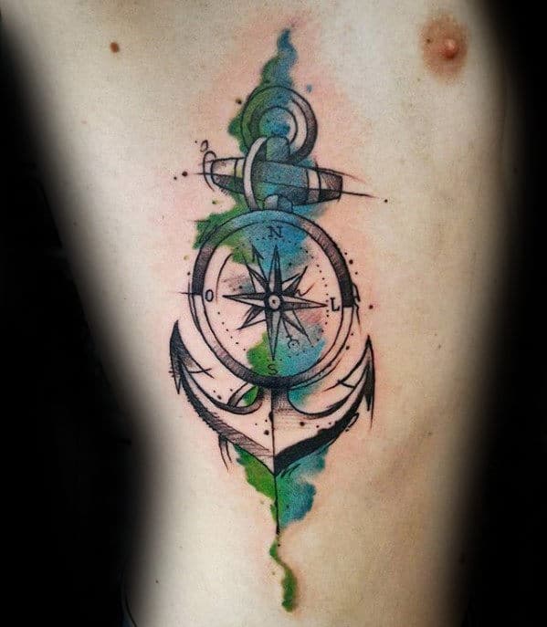 Mens Watercolor Compass Anchor On Rib Cage Side