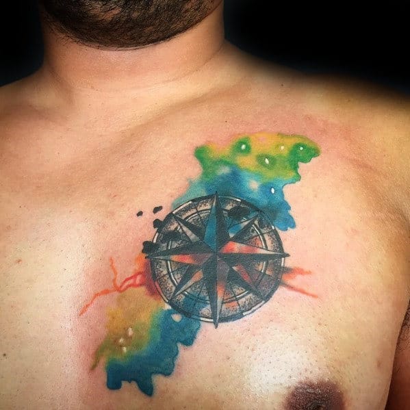 Mens Watercolor Compass Tattoo Design Ideas On Chest