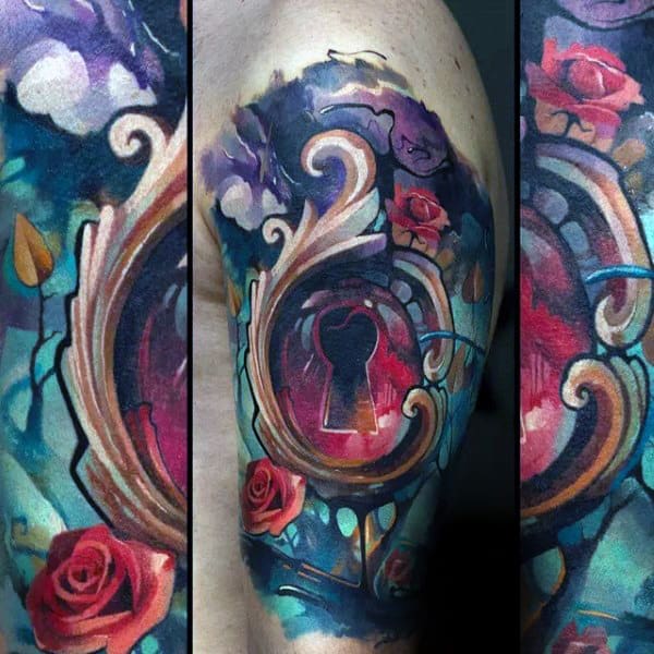 Mens Watercolor Decorative Keyhole Half Sleeve Tattoos