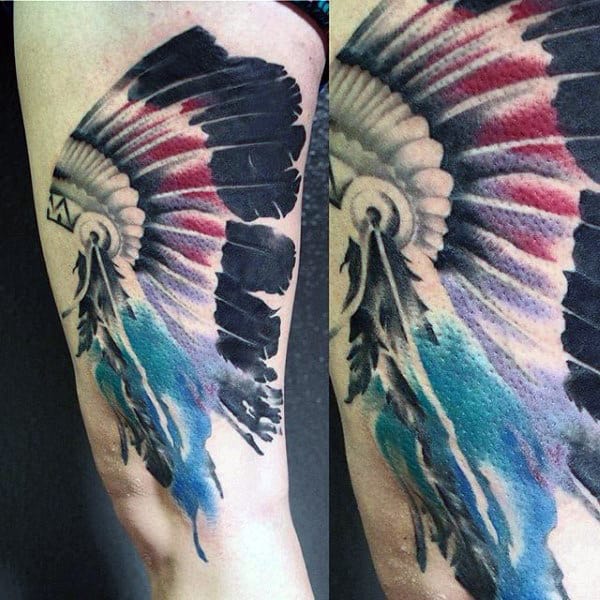 Mens Watercolor Feather Tattoo On Arms
