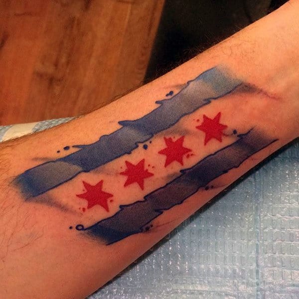 Mens Watercolor Forearm Chicago Flag Tattoo