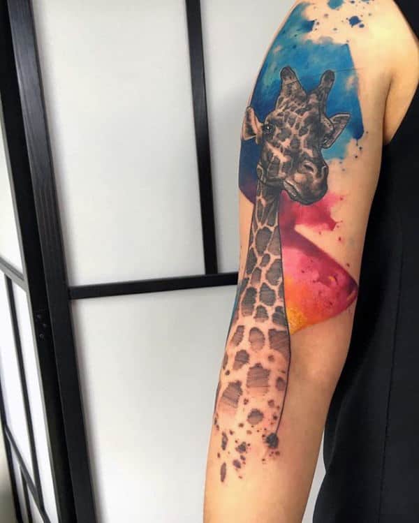 Mens Watercolor Full Arm Giraffe Tattoos