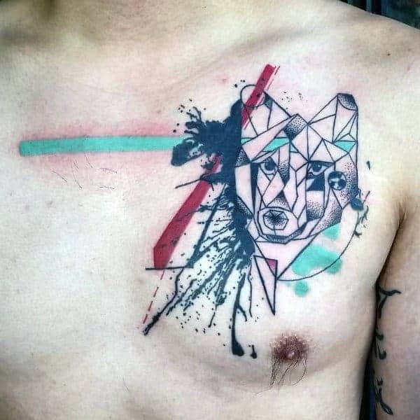 A vibrant geometric wolf tattoo adorns the chest, merging colorful abstract elements with bold lines