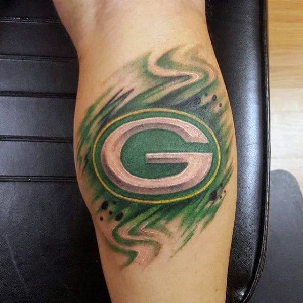Mens Watercolor Green Bay Packers Leg Calf Tattoos