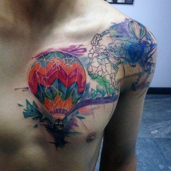 Mens Watercolor Hot Air Balloon Tattoo On Chest