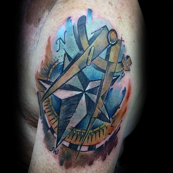 Mens Watercolor Nautical Star Upper Arm Tattoo