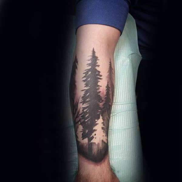 Mens Watercolor Negative Space Tree Forest Forearm Tattoo Ideas