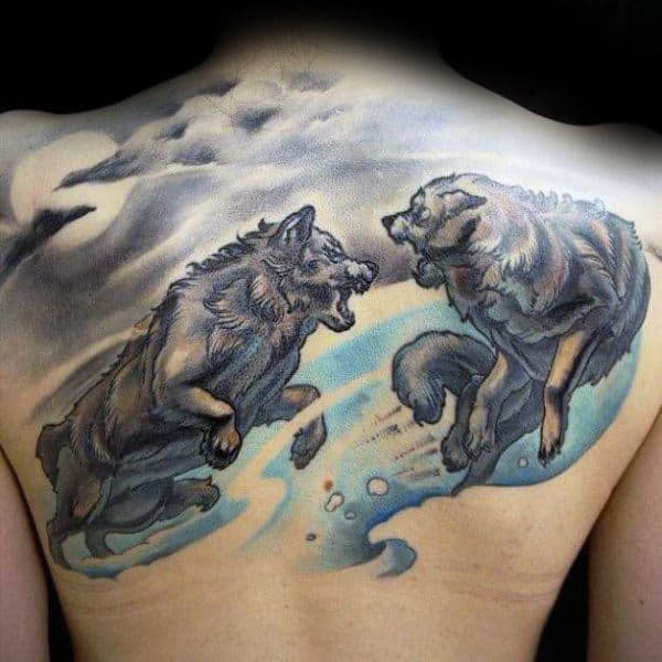 Mens Watercolor Running Wolves Back Tattoo Designs