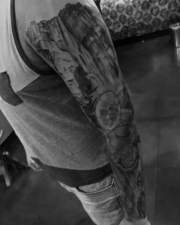 Mens Watercolor Shaded Full Sleeve Tattoo Design Ideas