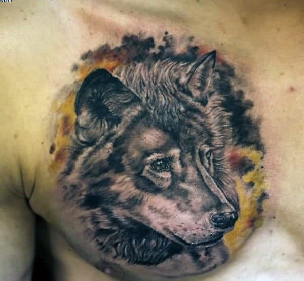 Mens Watercolor Shaded Wolf Upper Chest Tattoos