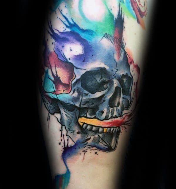 Mens Watercolor Skull Leg Tattoo Design Inspiration