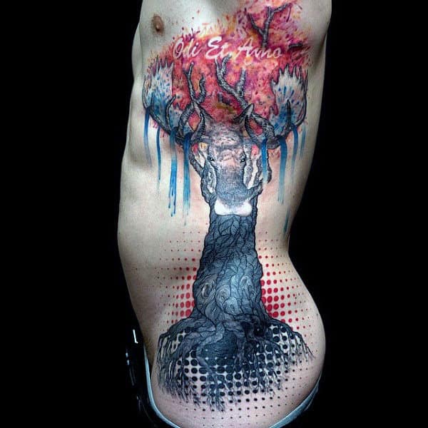 Mens Watercolor Tree Original Rib Cage Side Tattoo