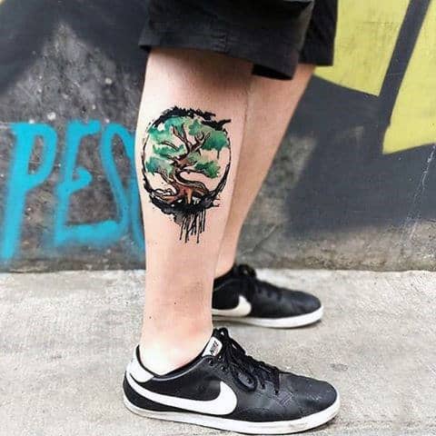 Mens Watercolor Tree Tattoo On Calves