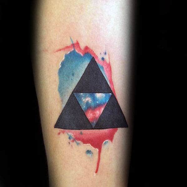 Mens Watercolor Triforce Red And Blue Ink Forearm Tattoo