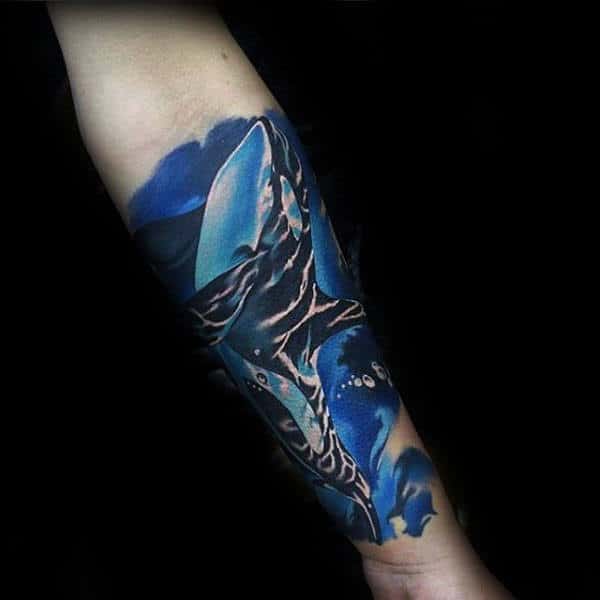 Mens Whale Blue Ink Watercolor Forearm Sleeve Tattoo Designs