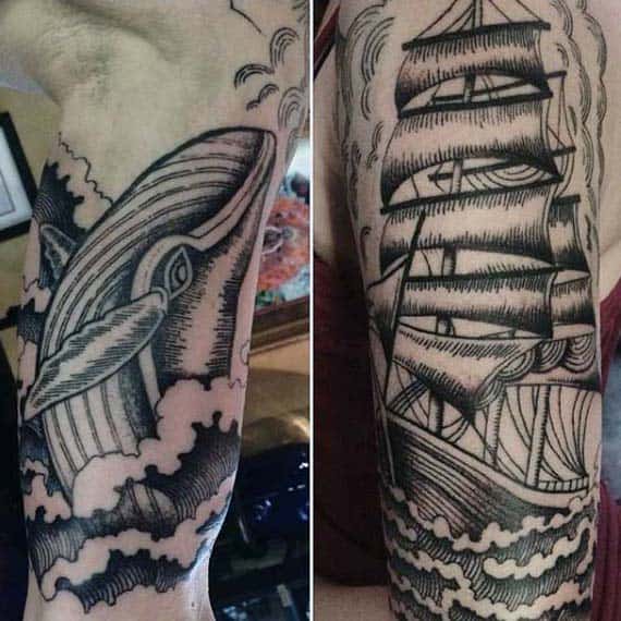 Mens Whale With Sailing Ship Woodcut Arm Tattoo