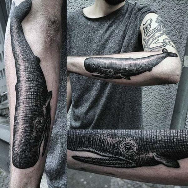Mens Whale Woodcut Forearm Tattoos