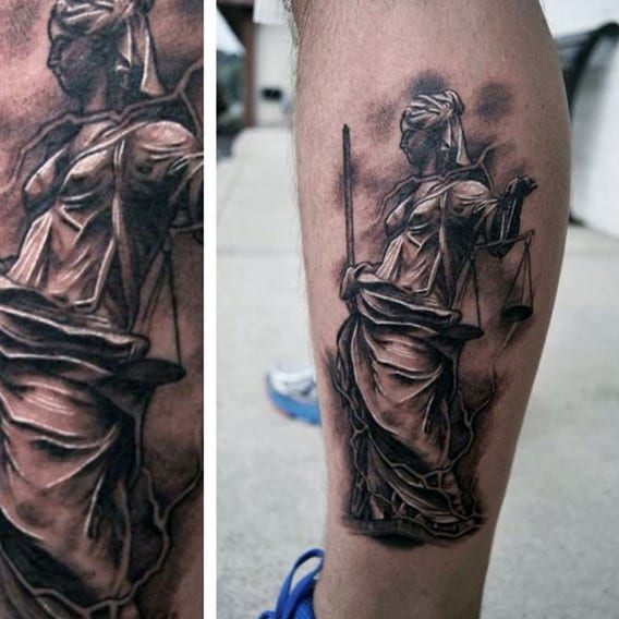 Mens White And Black Ink Lady Justice Leg Calf Tattoo Ideas