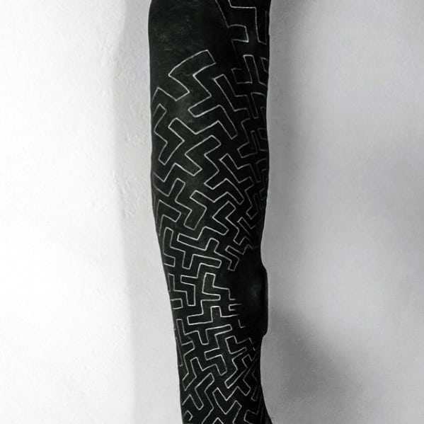 Mens White Ink Over Black Ink Forearm Sleeve Maze Tattoo