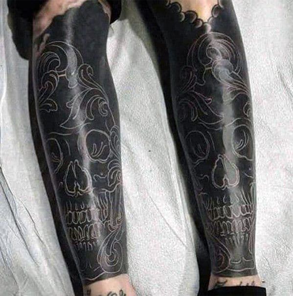 Mens White Ink Over Black Skull Tattoo Cover Up Ideas Leg Sleeve
