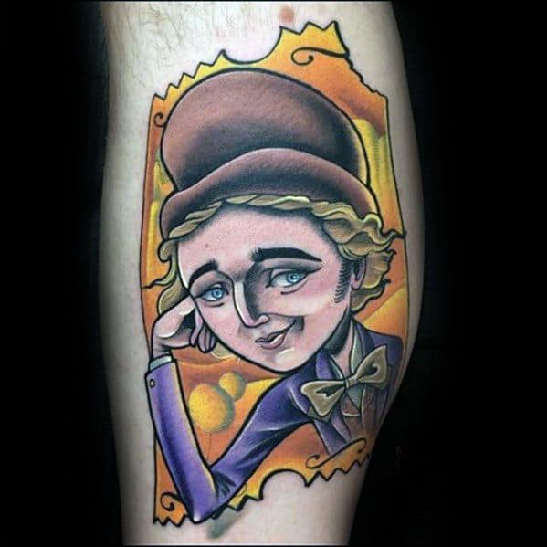 Cartoon-style Willy Wonka tattoo with soft shading, a brown top hat, golden bow tie, and bright orange background shaped like a ticket.