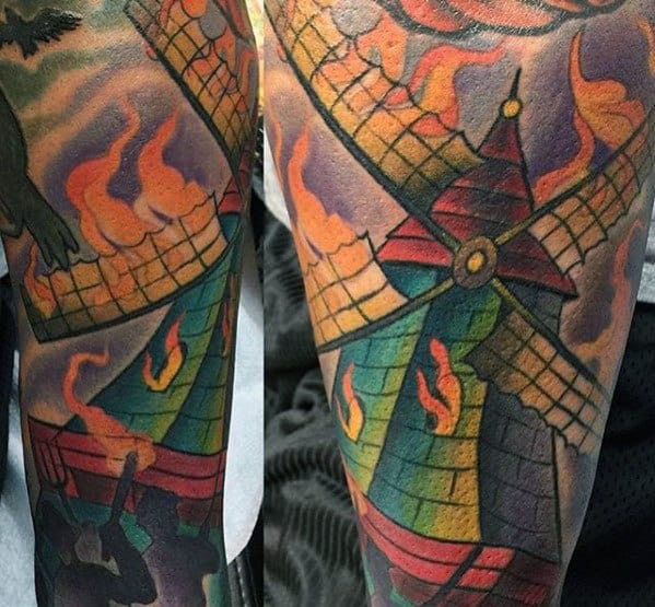 Mens Windmill On Fire Arm Sleeve Tattoos