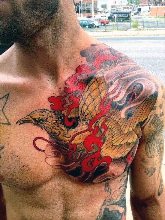 Man with a colorful bird tattoo on chest, featuring red and yellow hues