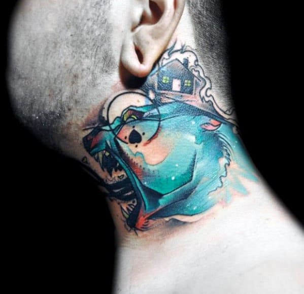 Tattoo of a roaring bear with a house in the background on the side of a man's neck