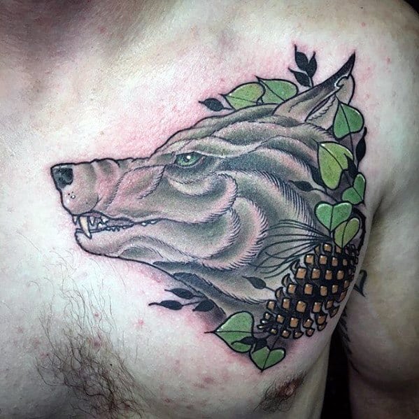 Mens Wolf With Pine Cone Upper Chest Tattoo
