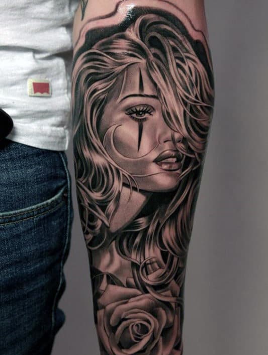 Mens Woman Portrait Forearm Sleeve Tattoo Designs